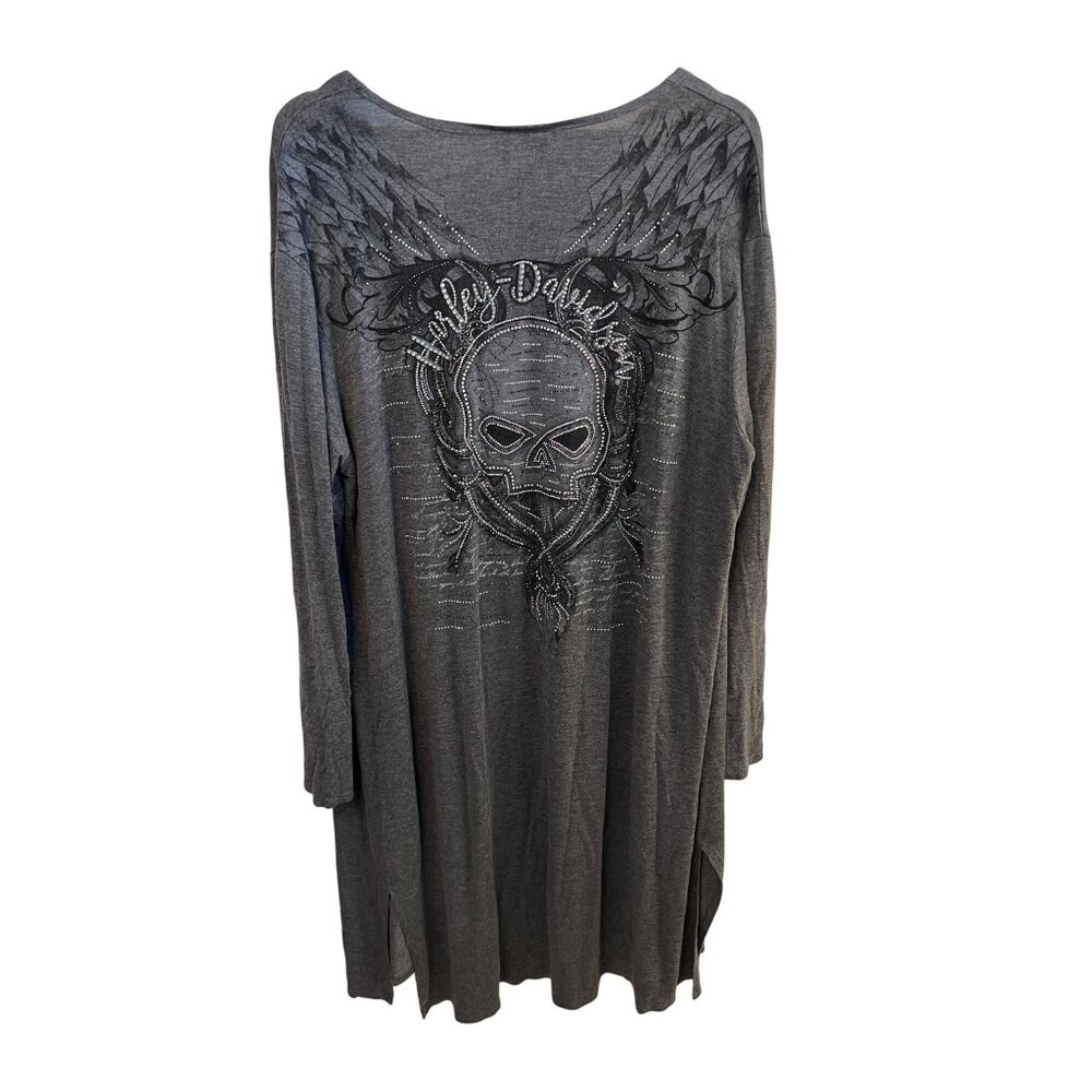 Harley Davidson Gray Open Front Cardigan Rhinestone Skull Design Women's Size L